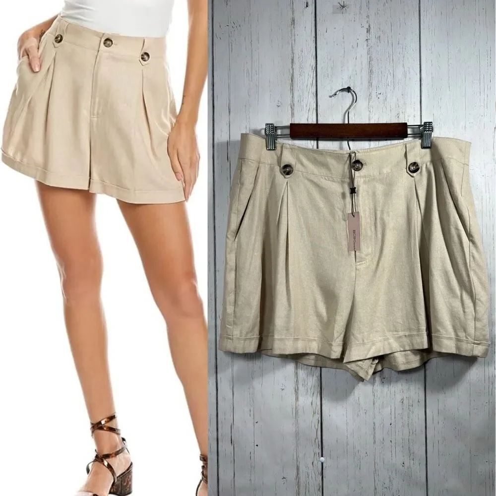 BCBGeneration Beige Linen Blend High Rise Pleated Shorts Size XL Quiet Luxury
